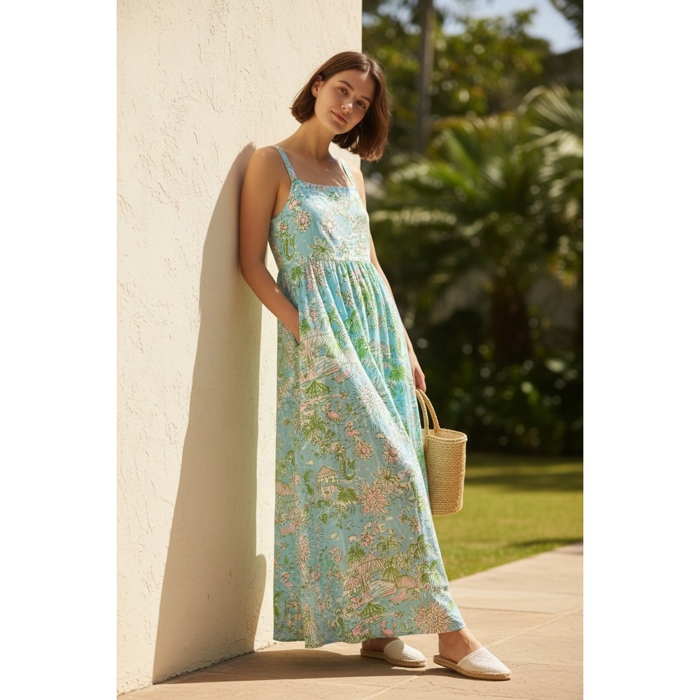 Lilly Pulitzer NWOT Mermaid Cove Maxi Dress SZXL Blue Green Cotton Linen blend - Picture 2 of 15